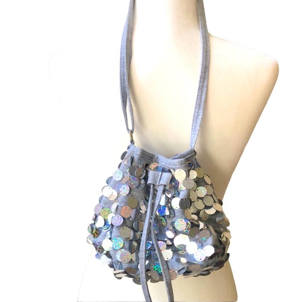 Justice Girls Heather Gray w Silver Sequin Hobo Bag Purse Lined Adjustable Strap
